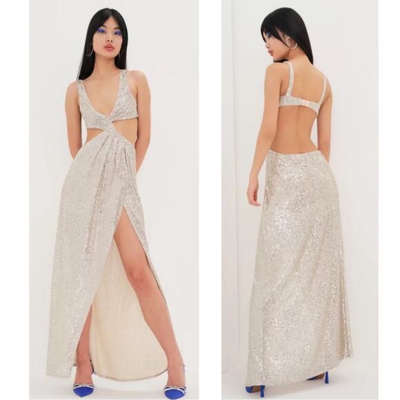 For Love & Lemons Candice Sequin Embellished Cutout Ruched Maxi Dress Size Large - Picture 2 of 10